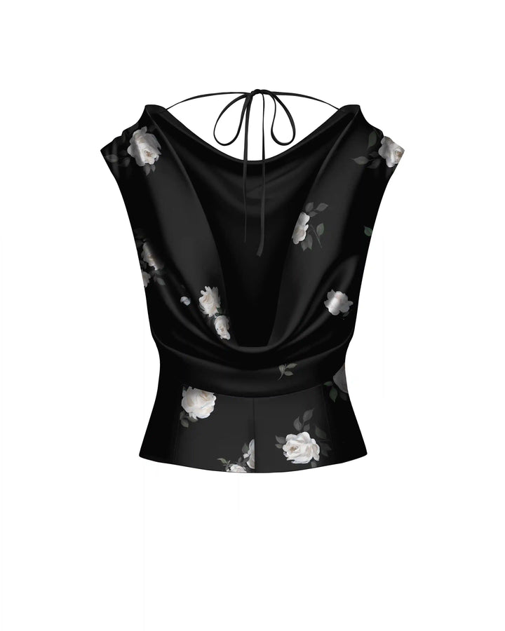 Lucy top, top made of black crepe de chine with floral print