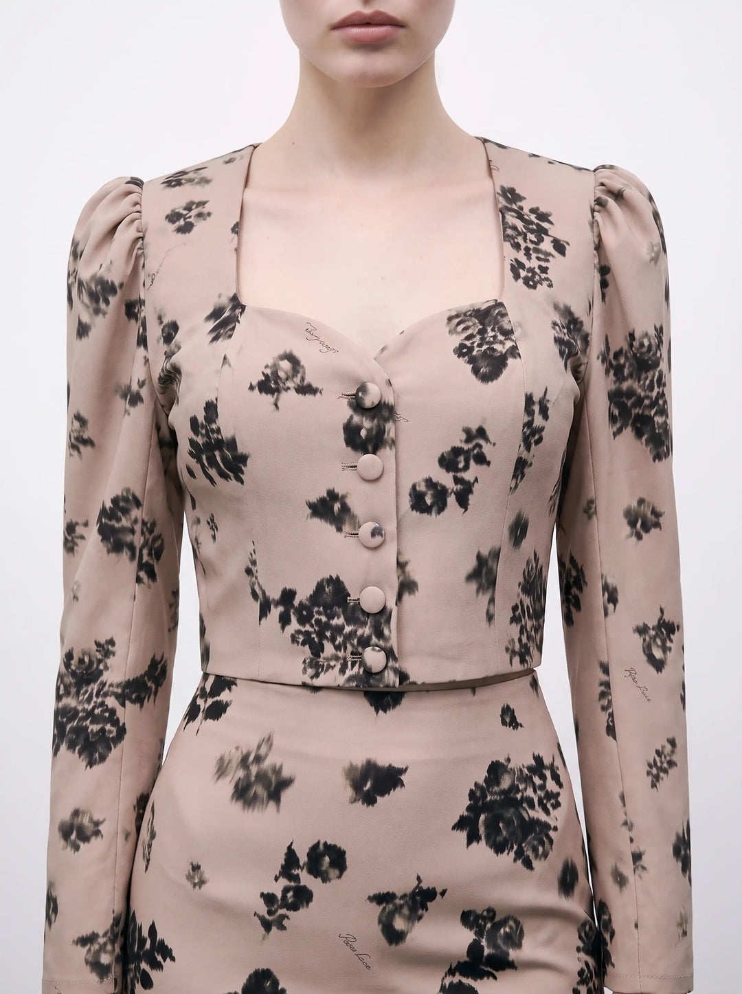 Melinda, beige crepe de chine jacket with chocolate flowers