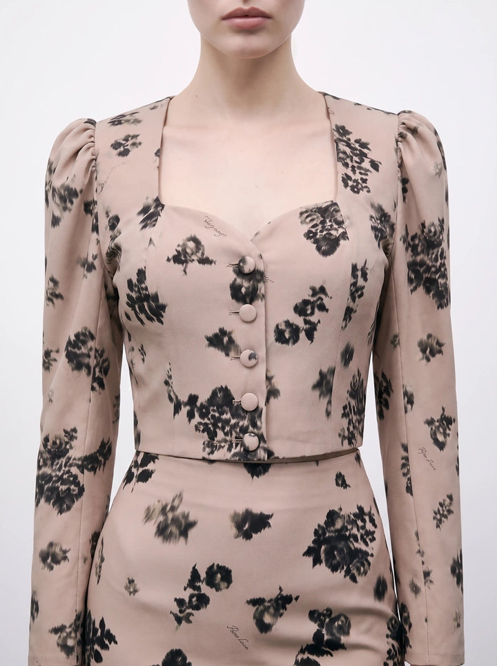 Melinda, beige crepe de chine jacket with chocolate flowers