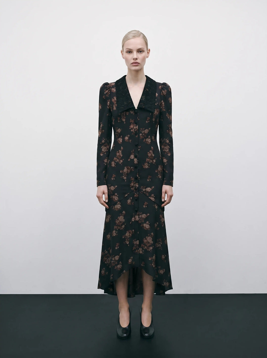 Audrice midi, black crepe de chine midi dress with brown flowers