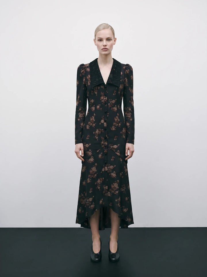 Audrice midi, black crepe de chine midi dress with brown flowers