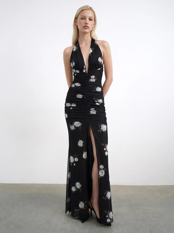 Luna maxi, maxi dress in black mesh with a floral print