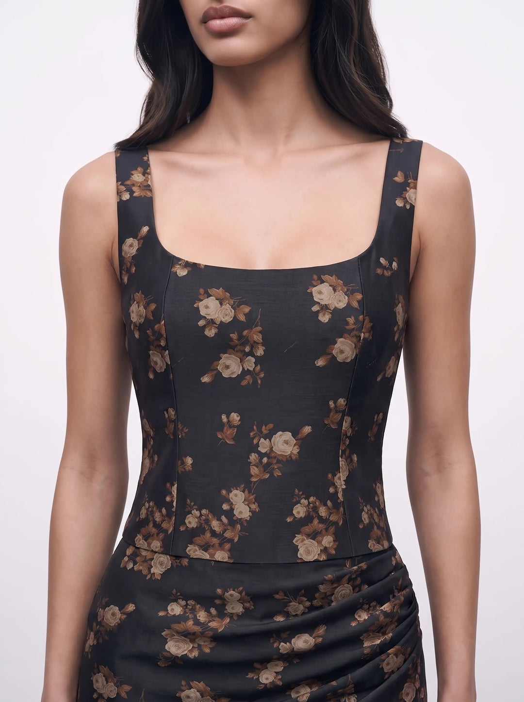 Lee top, black taffeta top with brown flowers