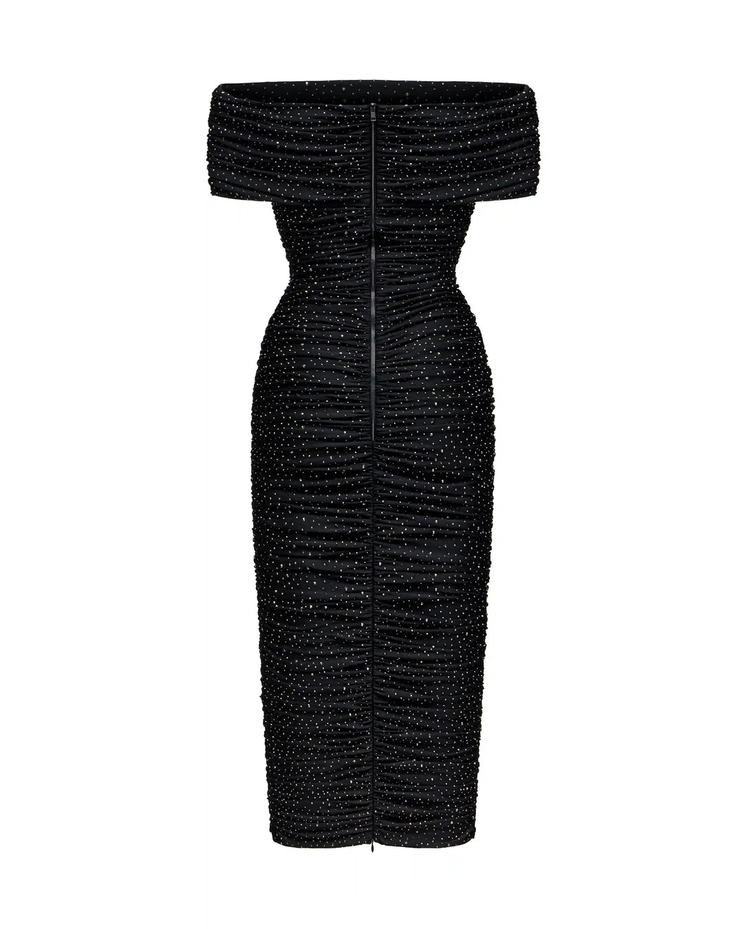 Iren midi, draped midi dress made of black biflex with rhrinestones