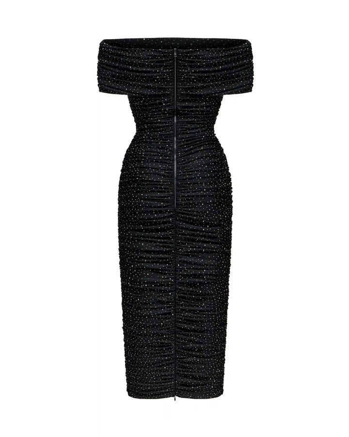 Iren midi, draped midi dress made of black biflex with rhrinestones