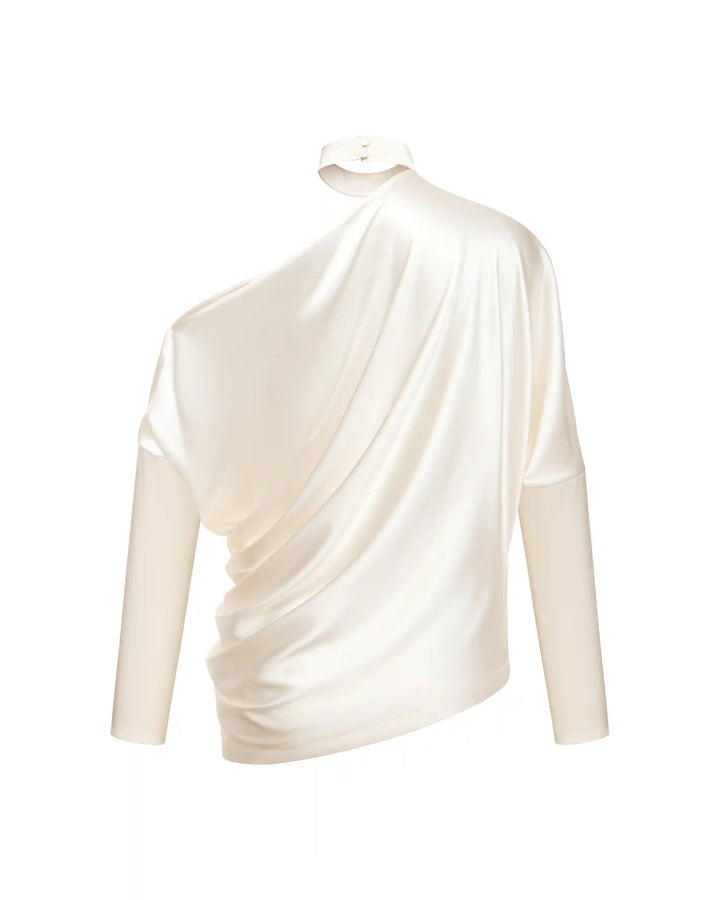 Anika top, top with long sleeves and a choker made of ivory satin