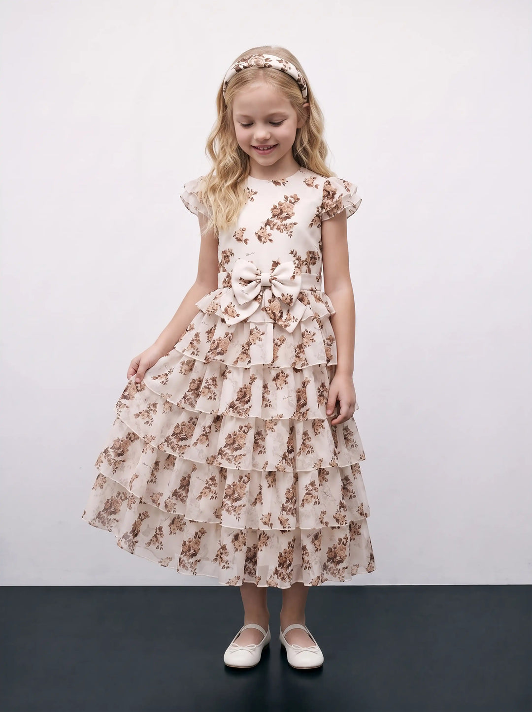 Ava, ivory crepe de chine children's dress with brown flowers