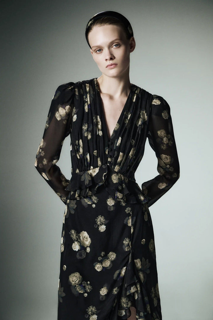 Noelia, headband made of black satin with floral print