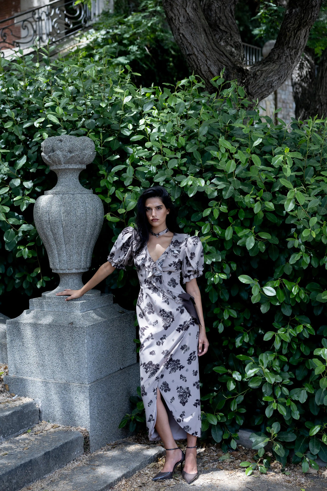 Pamela midi, beige crepe de chine midi dress with chocolate flowers