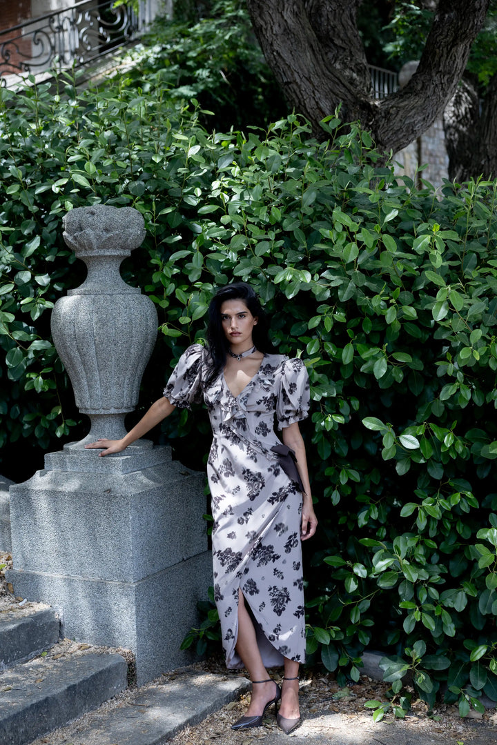 Pamela midi, beige crepe de chine midi dress with chocolate flowers
