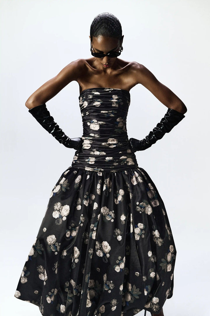 Taylor midi, midi dress made of black satin with floral print