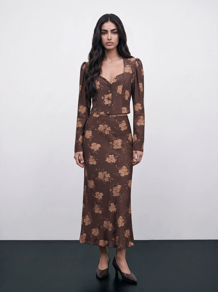 Melinda, chocolate crepe de chine jacket with beige flowers