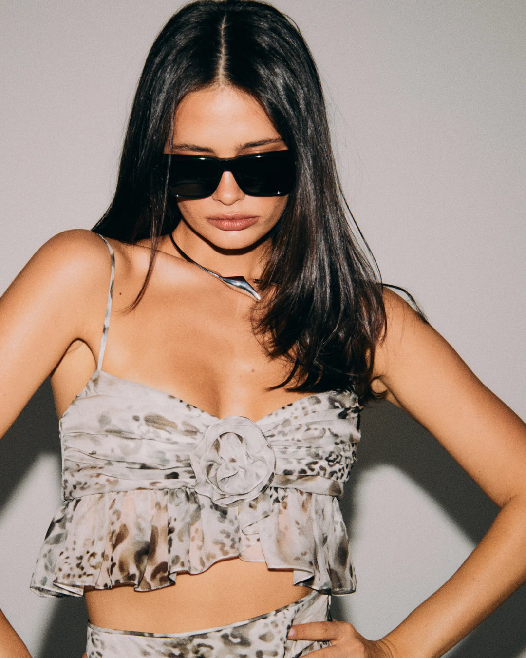 Willow top, ivory chiffon top with animal print