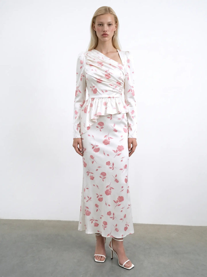 Fionella midi, ivory satin midi dress with medium light pink flowers