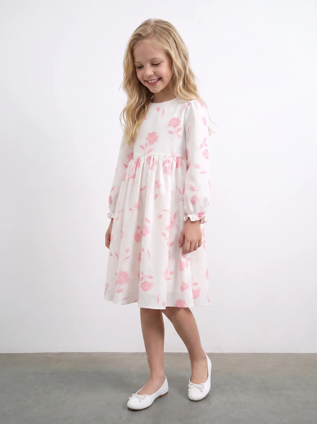 Eva, ivory batiste children's dress with medium light pink flowers
