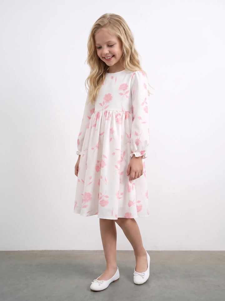Eva, ivory batiste children's dress with medium light pink flowers