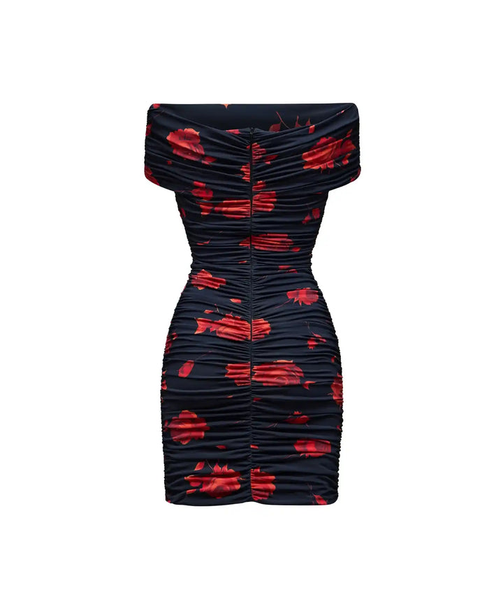 Iren mini, mini dress made of black biflex with red flowers