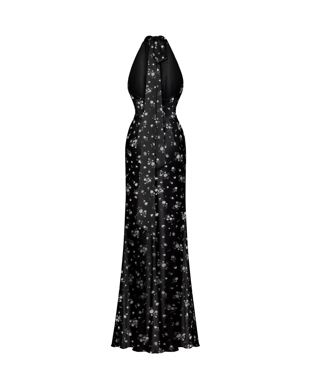Alia maxi, maxi dress with  a choker made of black satin with floral print