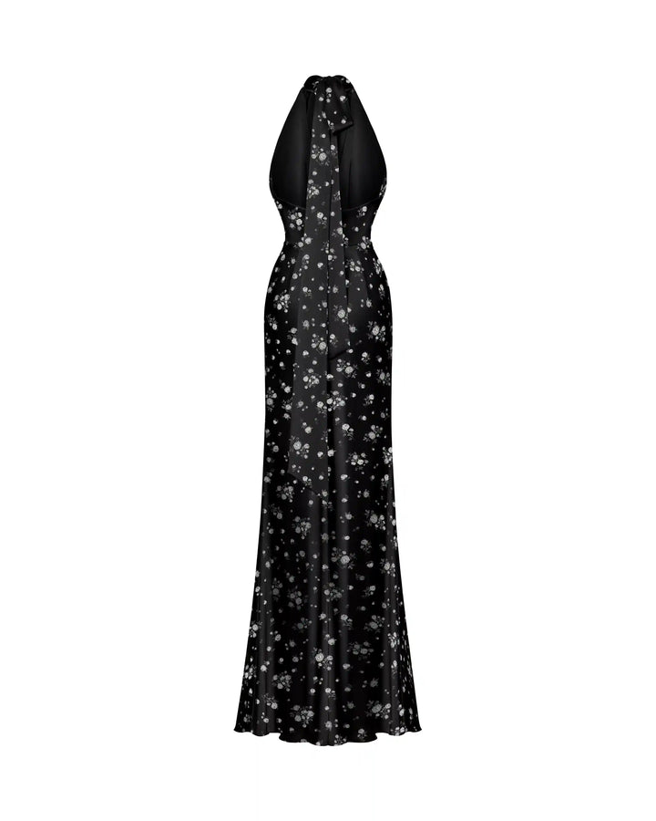 Alia maxi, maxi dress with  a choker made of black satin with floral print