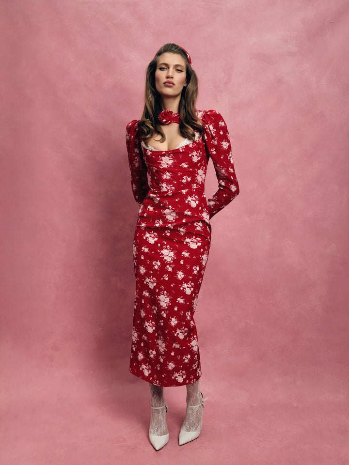 Macel midi, red crepe de chine midi dress with a floral print
