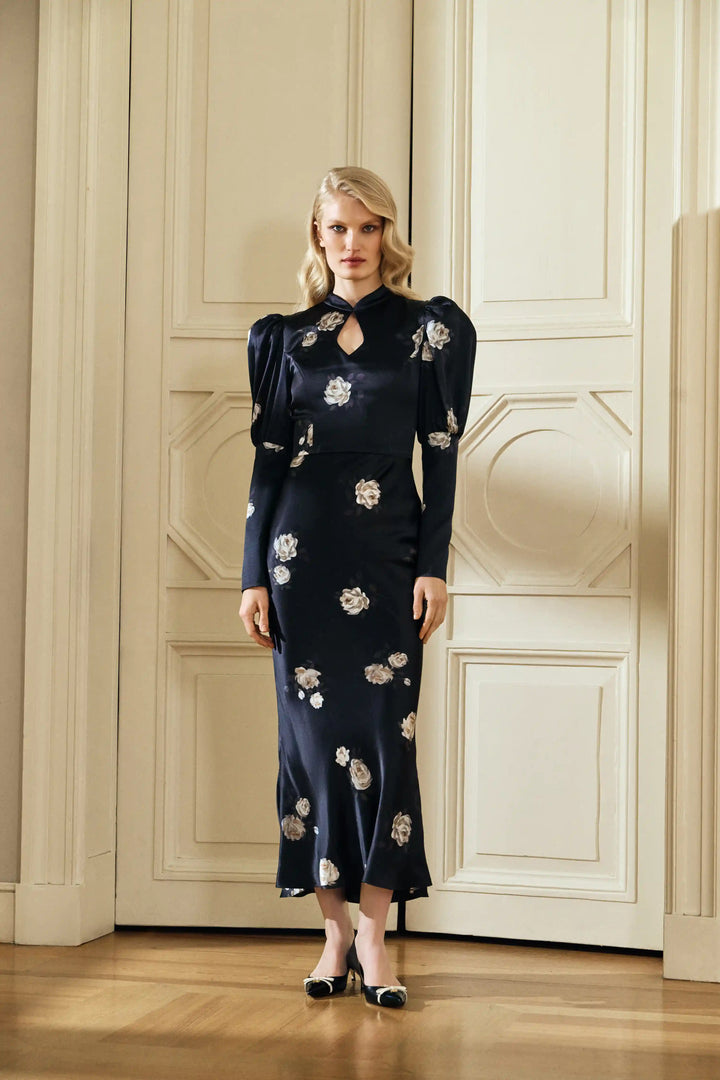 Giannetta midi, midi dress made of black satin with floral print