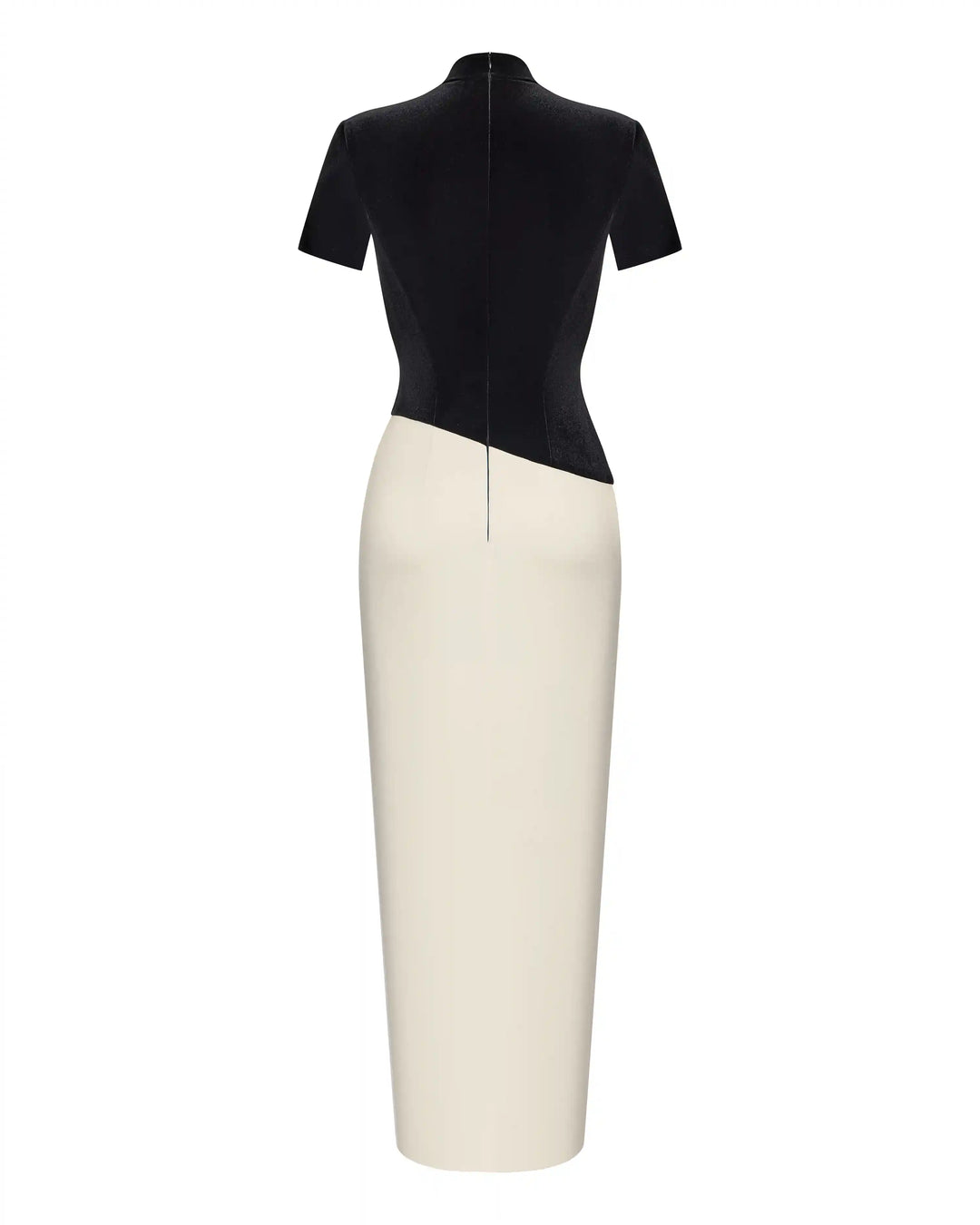 Celine, midi dress with a top made of black velvet and a skirt of ivory satin