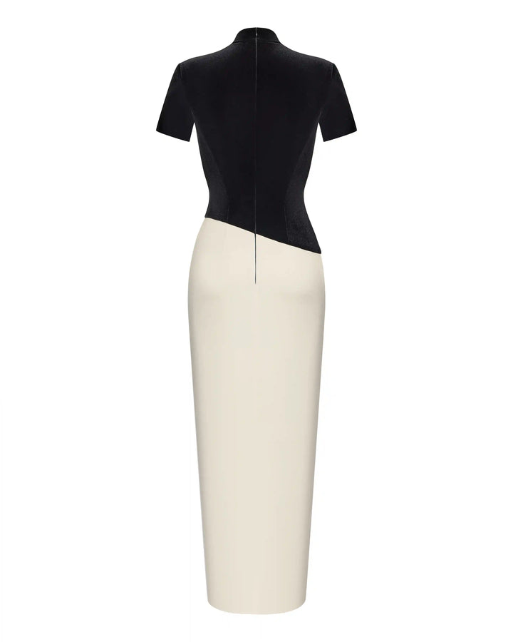 Celine, midi dress with a top made of black velvet and a skirt of ivory satin