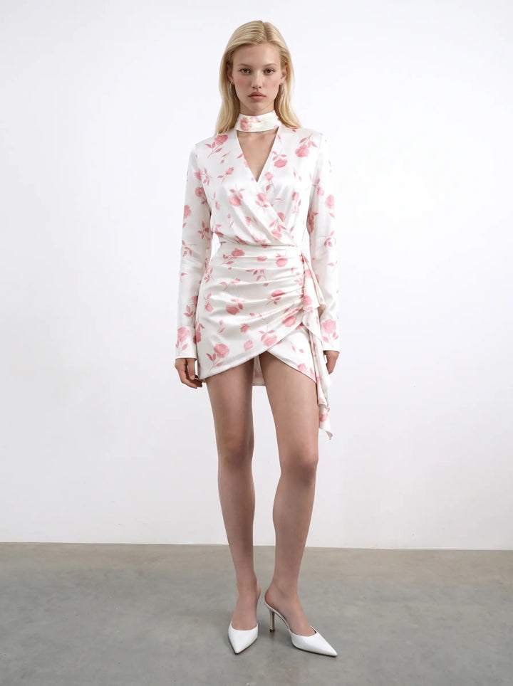 Leah, ivory satin mini dress with medium light pink flowers