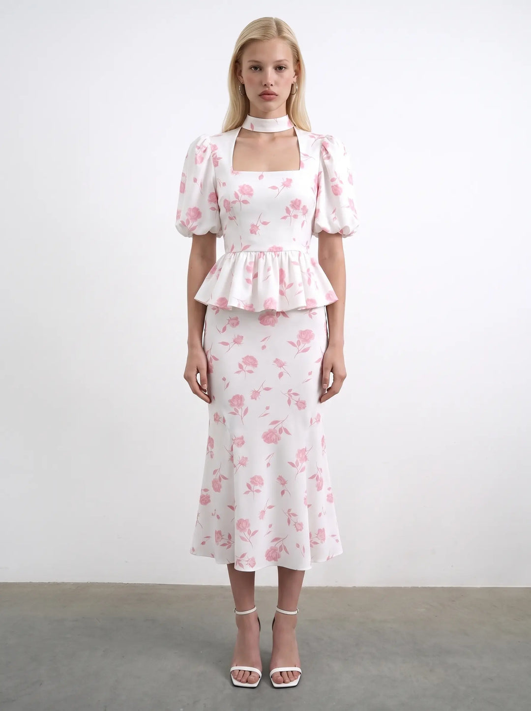 Valerie top, ivory crepe de chine top with medium light pink flowers