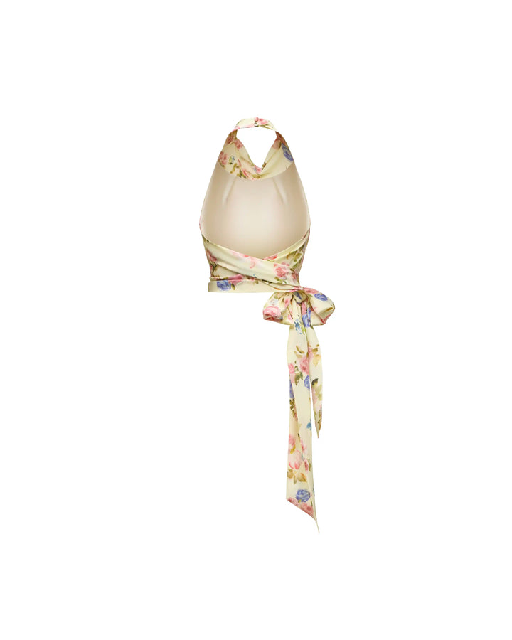Esty top, top in pale yellow crepe de chine with a floral print