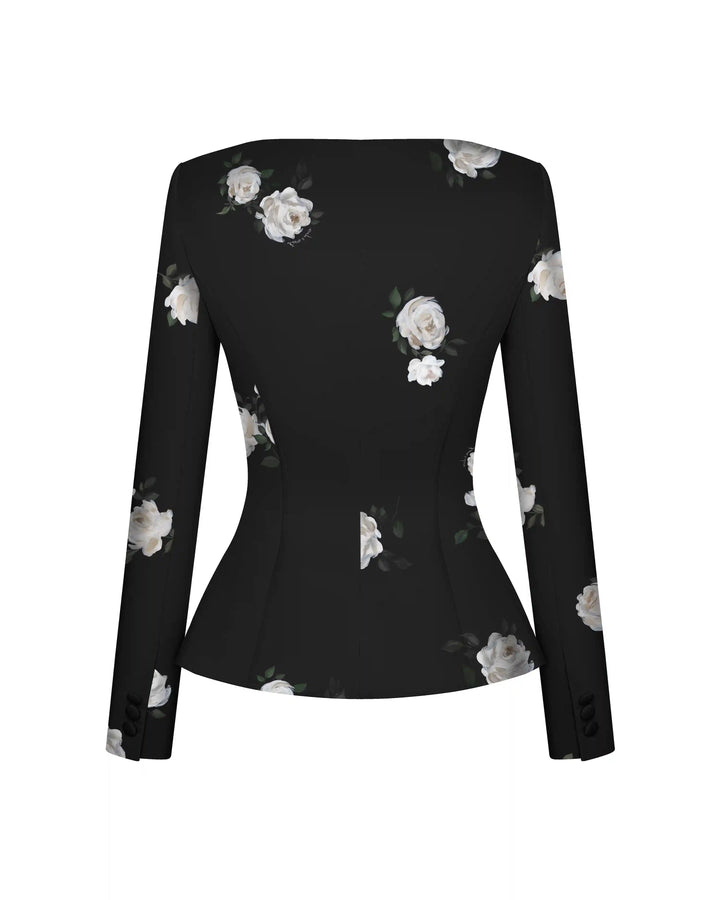 Rachel, jacket made of black crepe de chine with floral print