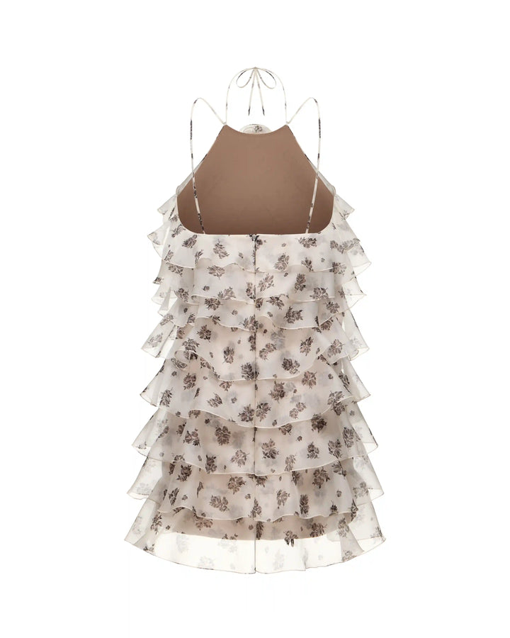 Dahlia, mini dress made of ivory organza with floral print and rose