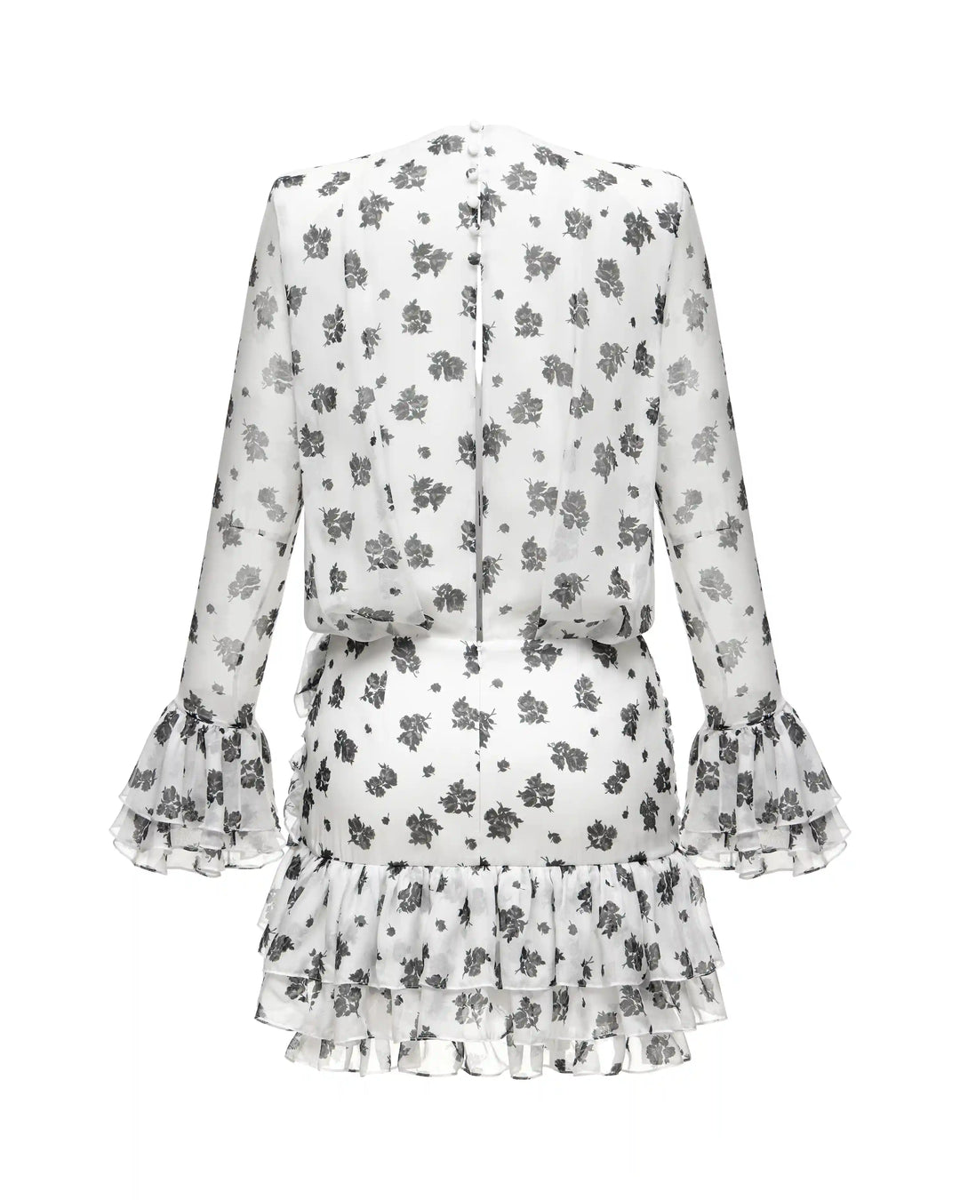 Mira, mini dress made of ivory chiffon with floral print and a rose