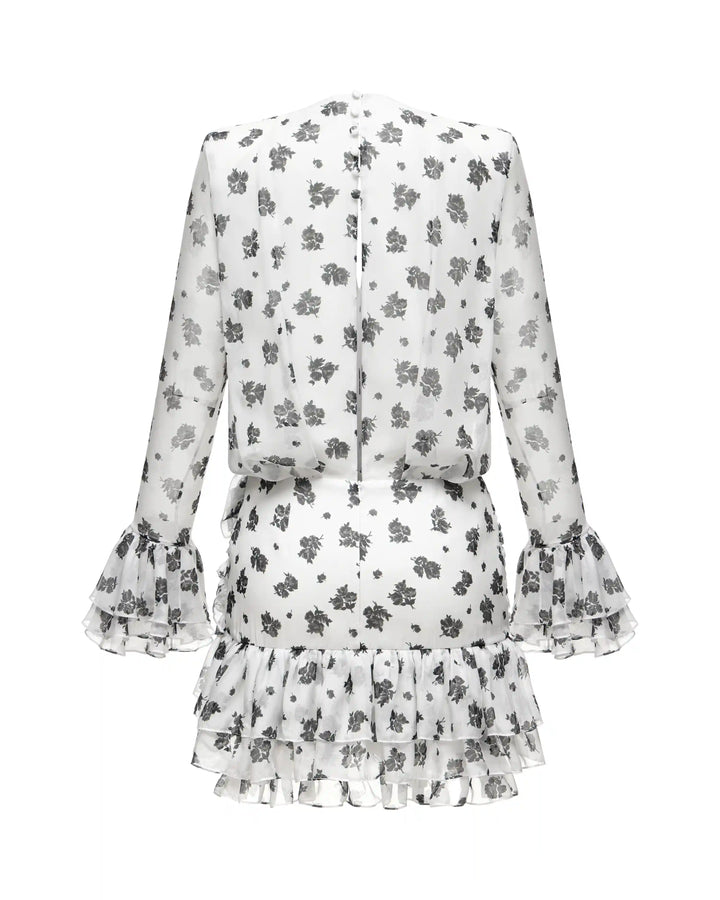 Mira, mini dress made of ivory chiffon with floral print and a rose