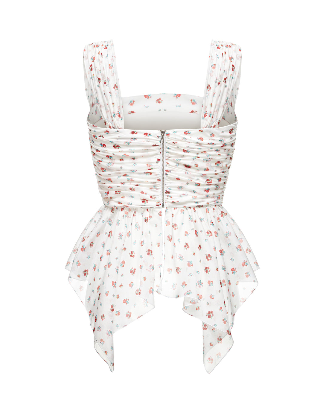 Jean, corset top with asymmetrical peplum, milky white with delicate red blossoms