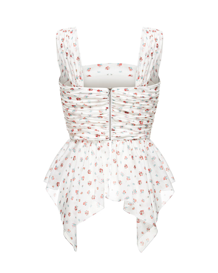 Jean, corset top with asymmetrical peplum, milky white with delicate red blossoms