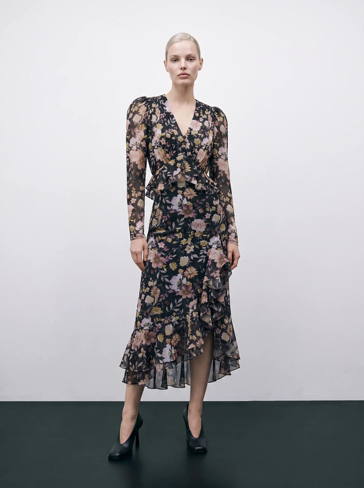 Carmen midi, black chiffon midi skirt with multicolor floral print