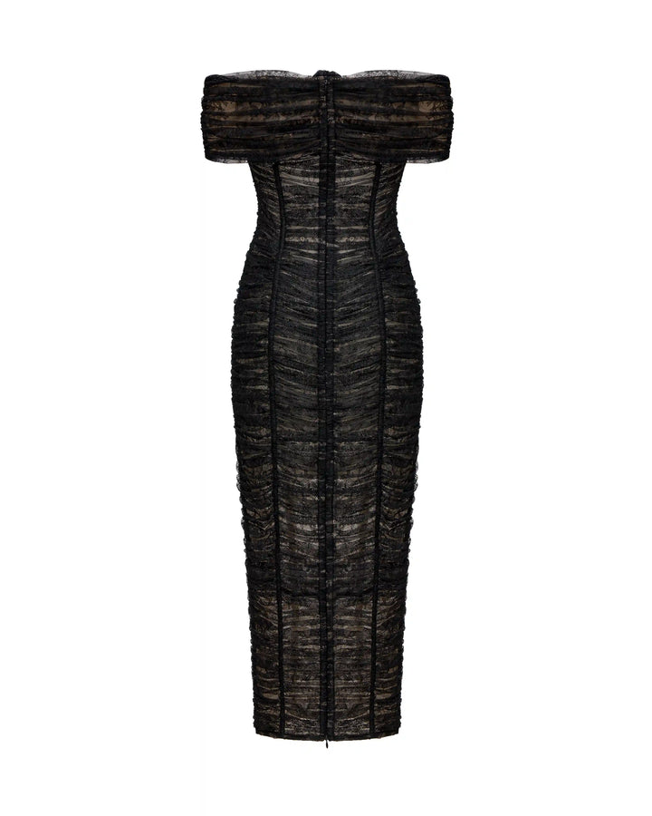 Fibi, midi dress made of black lace with a rose