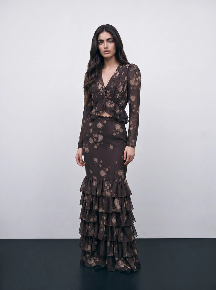 Ru, chocolate chiffon maxi skirt with beige flowers and lace trim