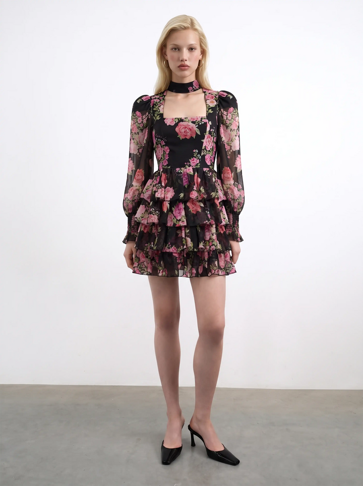 Valerie mini, chiffon mini dress with ruffles in black with medium pink flowers