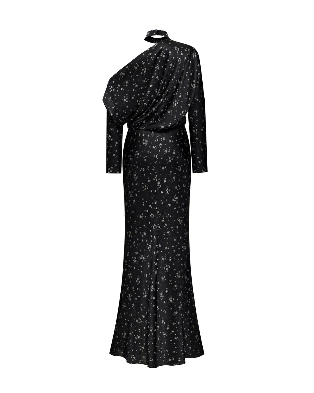 Anika maxi, maxi dress with long sleeves and a choker made of black satin with floral print