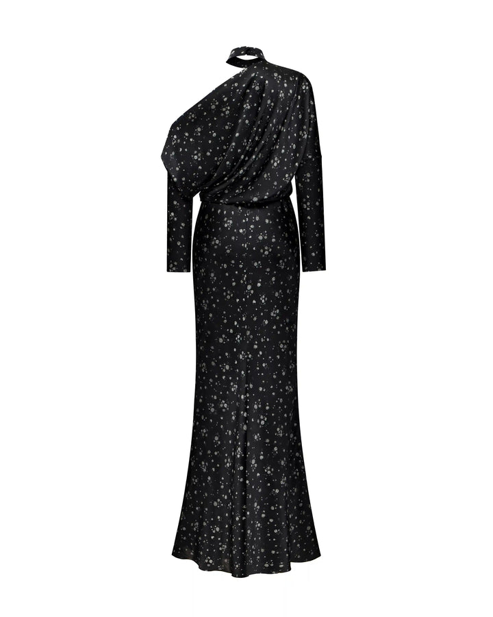 Anika maxi, maxi dress with long sleeves and a choker made of black satin with floral print