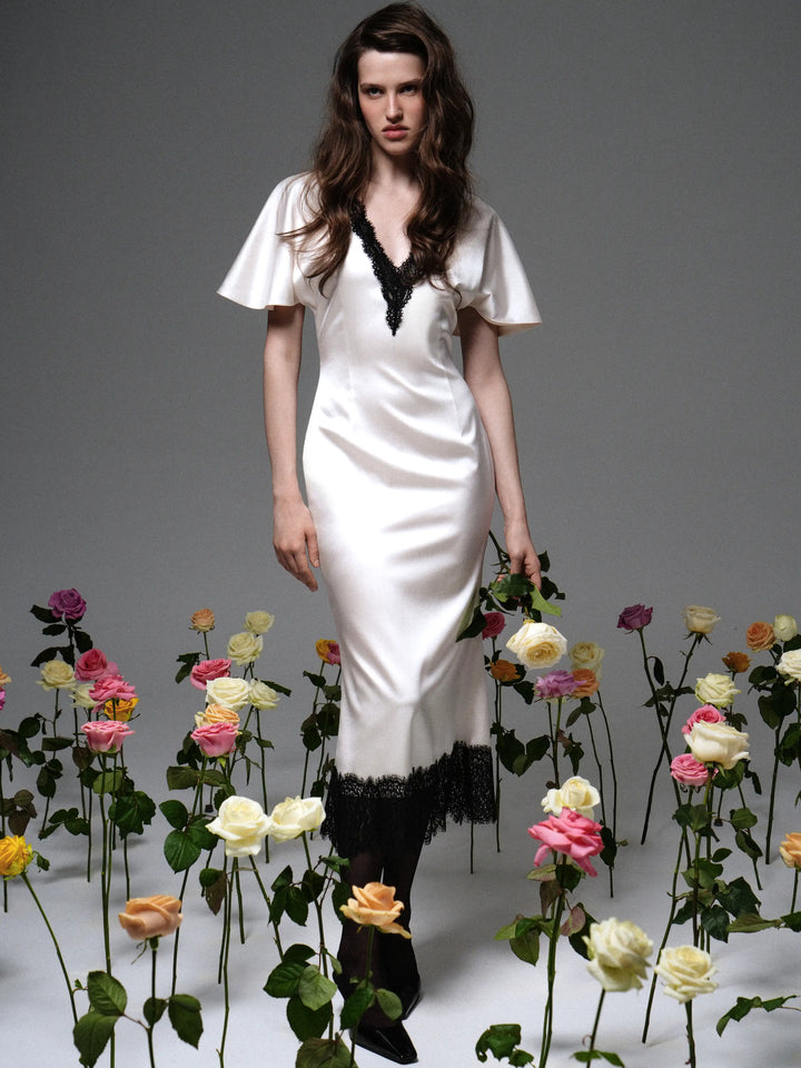 Odette midi, milky satin midi dress with black lace trim