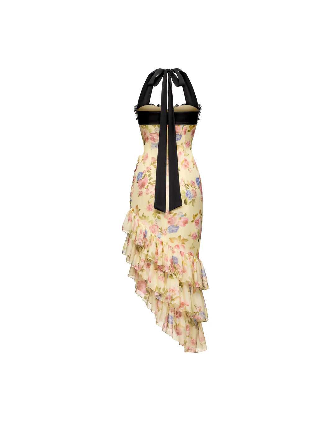 Sally midi, midi dress in pale yellow chiffon with a floral print