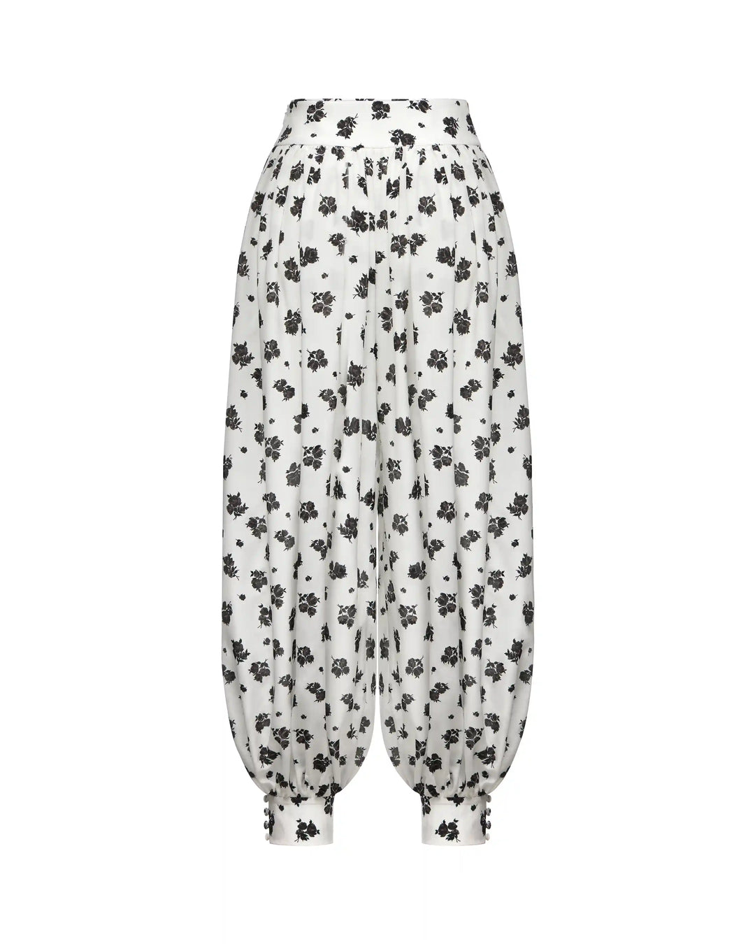 Evie, pants made of ivory crepe de chine with floral print