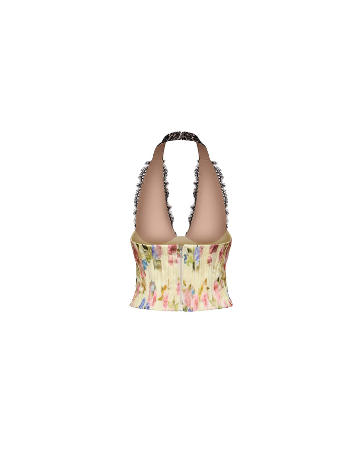 Liv top, top in pale yellow chiffon with a floral print and lace