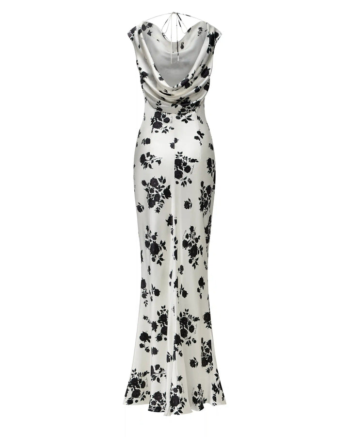 Lucy maxi, maxi dress made of ivory satin with floral print