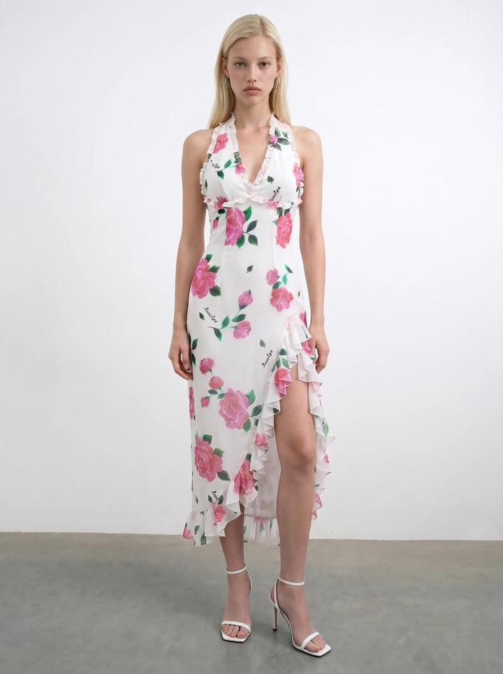 Quora midi, ivory chiffon midi dress with raspberry flowers