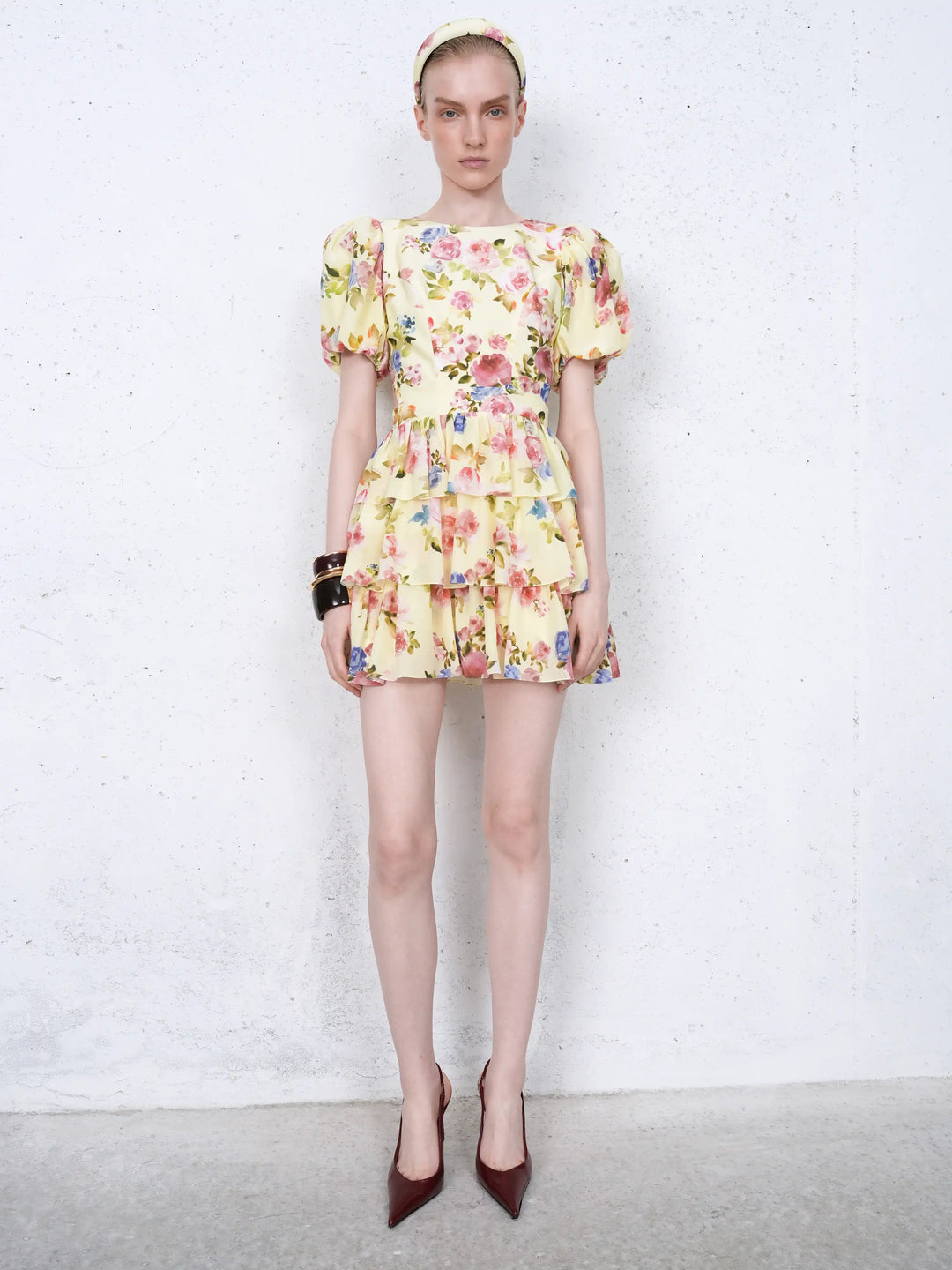 Sorelly mini, mini dress in pale yellow crepe de chine with a floral print