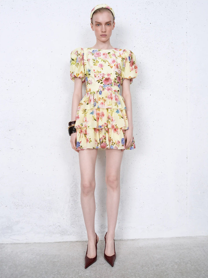 Sorelly mini, mini dress in pale yellow crepe de chine with a floral print